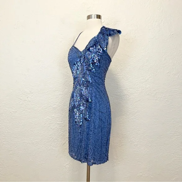 Vintage NiteLine Dress Blue Silk Chiffon Beaded Sequins 70s 80s Party XS S - Picture 9 of 11